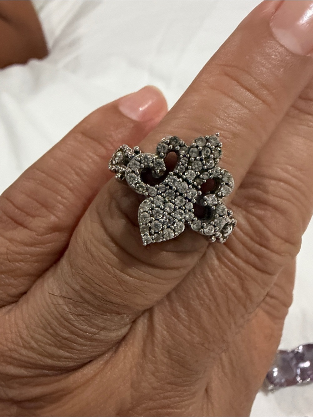 Silver-Tone Pave Floral Statement Ring - White Crystal
